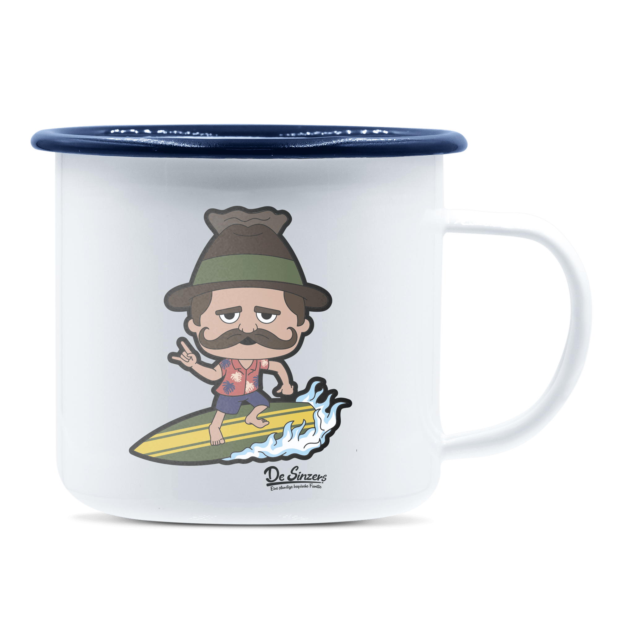 Da Sinzer Summer Edition Emaille Tasse 375ml Weiss Blau Heuberg Front