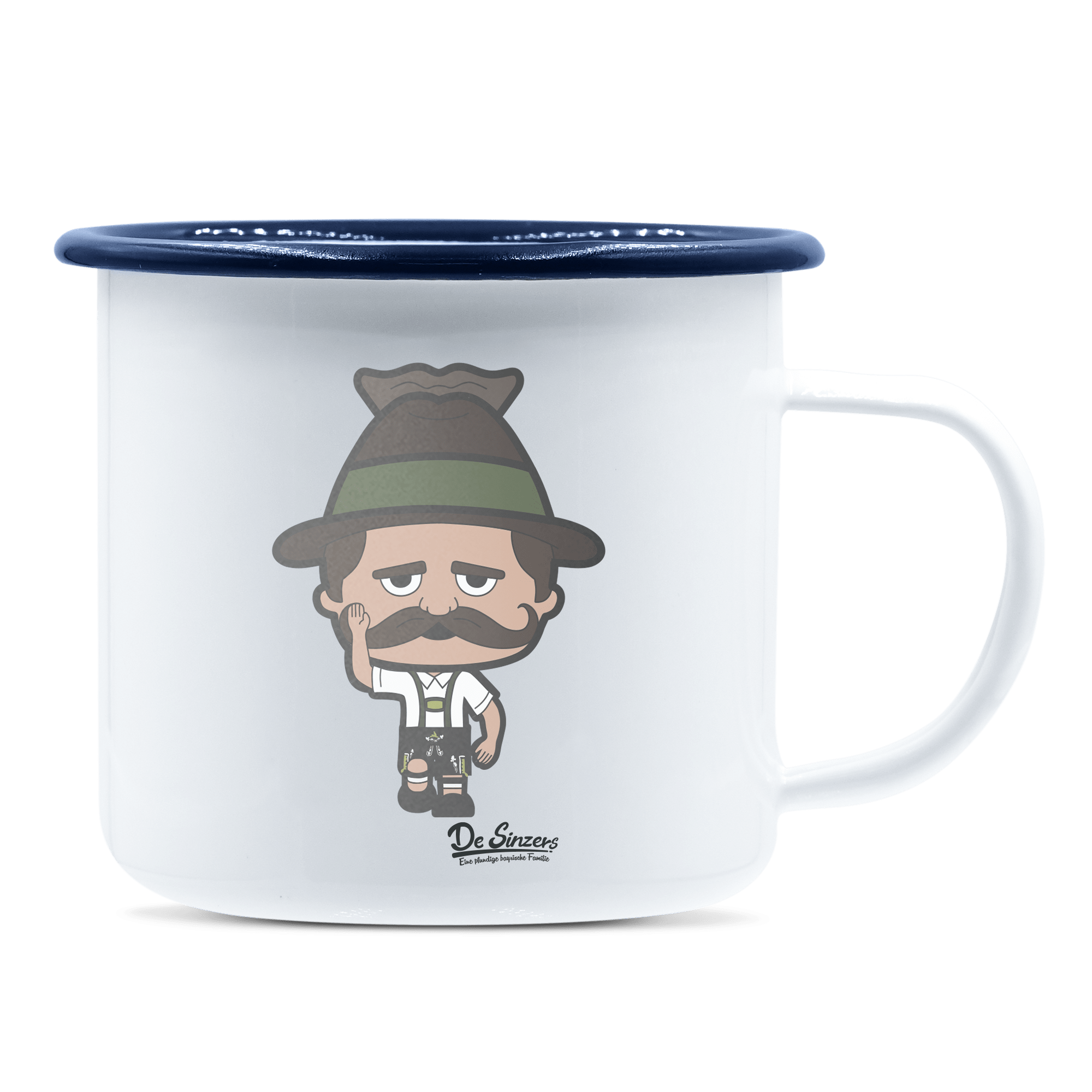 Da Sinzer Trachtenverein Emaille Tasse 375ml Weiss Blau Heuberg Front