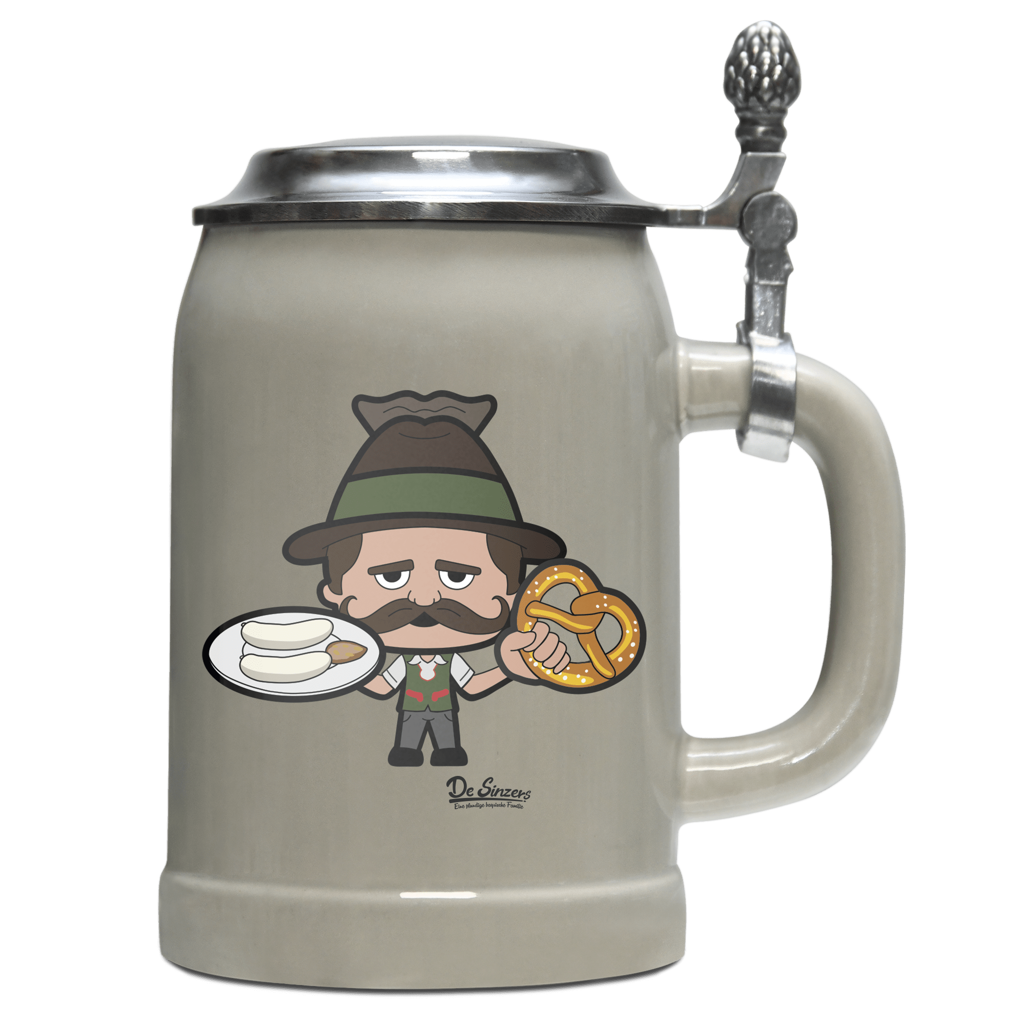 Da Sinzer Weisswurscht und Brezn Bierkrug 500ml Grau mit Deckel Hocheck Front