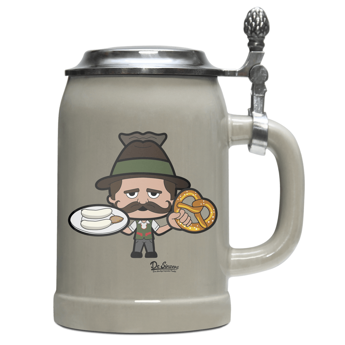 Da Sinzer Weisswurscht und Brezn Bierkrug 500ml Grau mit Deckel Hocheck Front