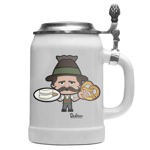 Da Sinzer Weißwurscht und Brezn Bierkrug 500ml Weiss mit Deckel Wetterspitzen Front