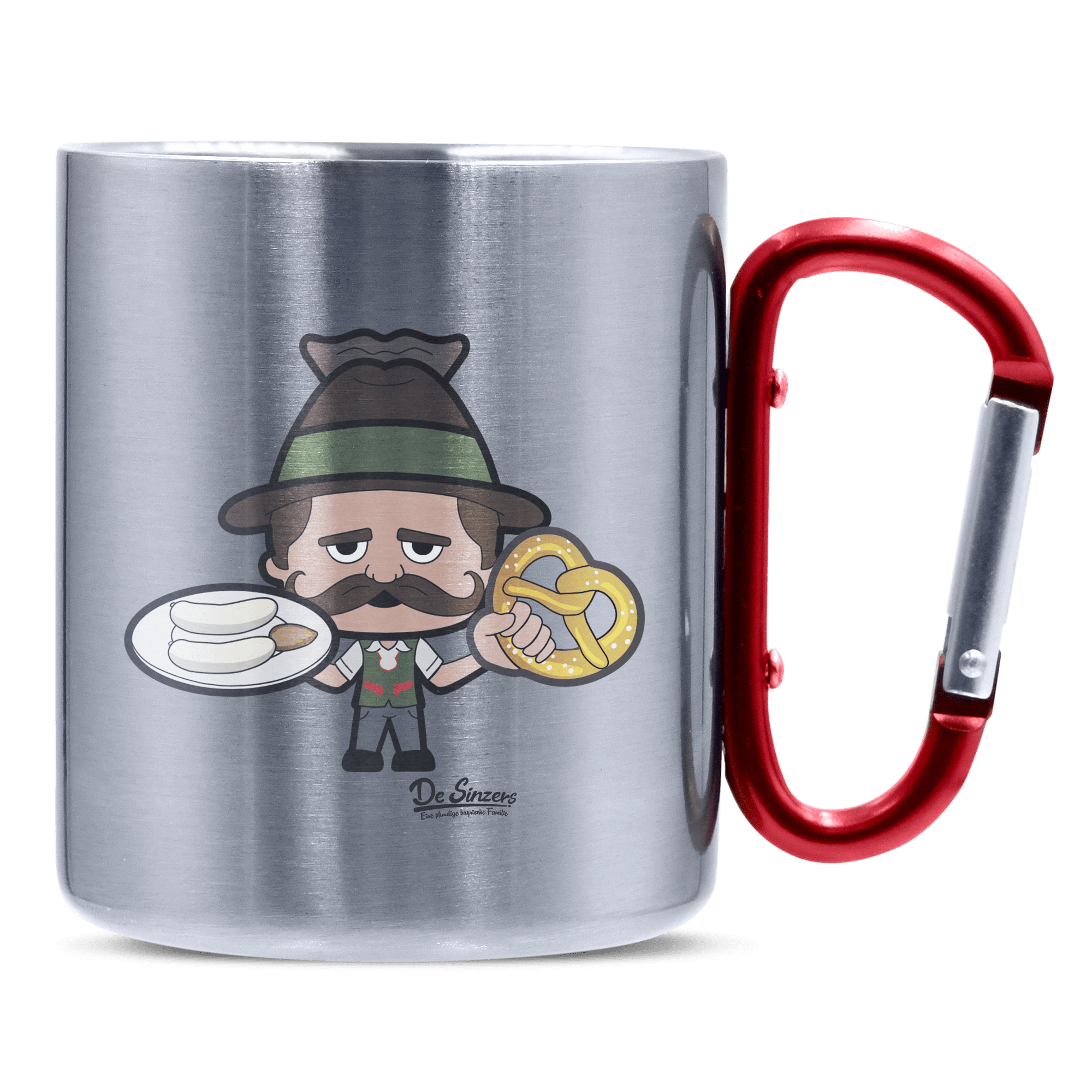 Da Sinzer WeiDa Oid Sinzer Weißwurscht und Brezn Edelstahl Kaffeetasse roter Karabiner 320ml Kitzstein Frontwurscht und Brezn Edelstahl Kaffeetasse roter Karabiner 320ml Kitzstein Front