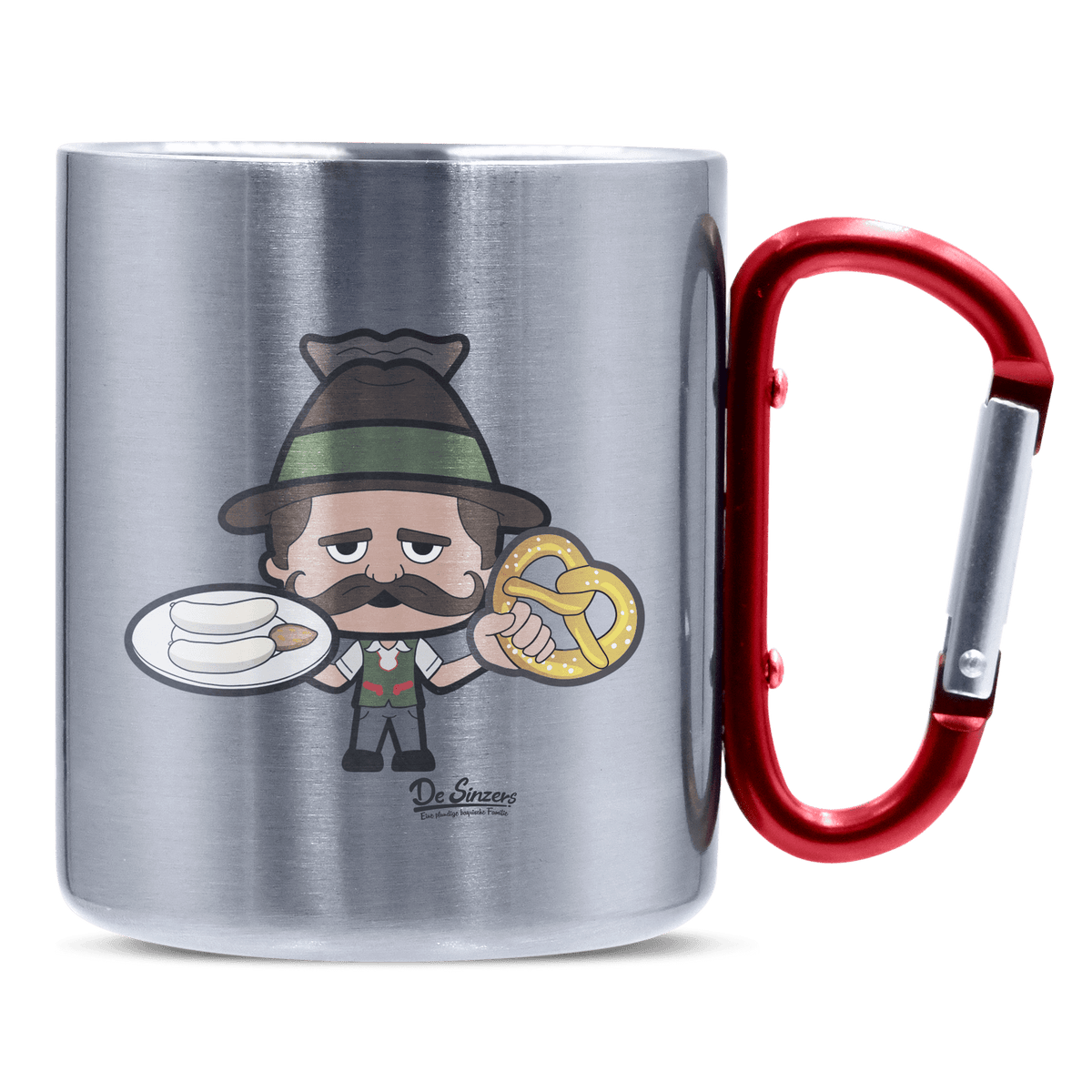Da Sinzer WeiDa Oid Sinzer Weißwurscht und Brezn Edelstahl Kaffeetasse roter Karabiner 320ml Kitzstein Frontwurscht und Brezn Edelstahl Kaffeetasse roter Karabiner 320ml Kitzstein Front