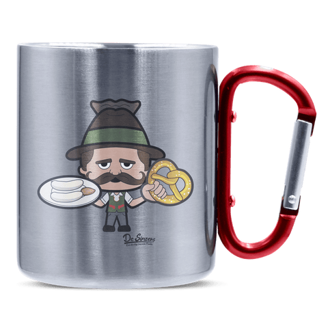 Da Sinzer WeiDa Oid Sinzer Weißwurscht und Brezn Edelstahl Kaffeetasse roter Karabiner 320ml Kitzstein Frontwurscht und Brezn Edelstahl Kaffeetasse roter Karabiner 320ml Kitzstein Front