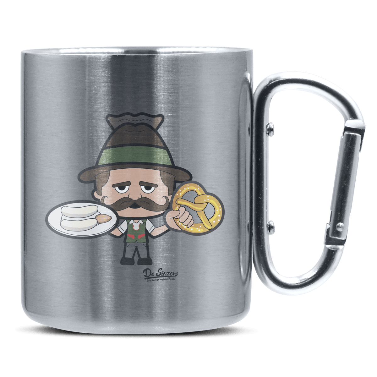 Da Sinzer Weißwurscht und Brezn Edelstahl Kaffeetasse silberer Karabiner 320ml Grosser Traithen Front