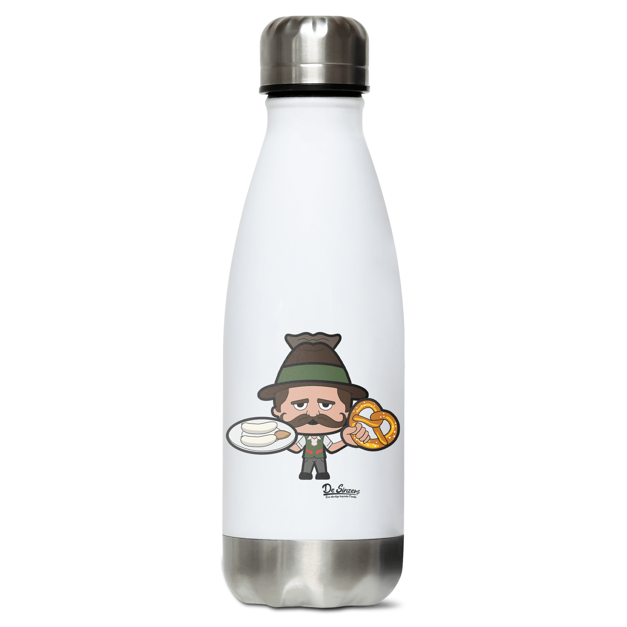 Da Sinzer Weisswurscht und Brezn Edelstahl Thermoflasche 350ml Weiss Silber Kreuzspitze Front