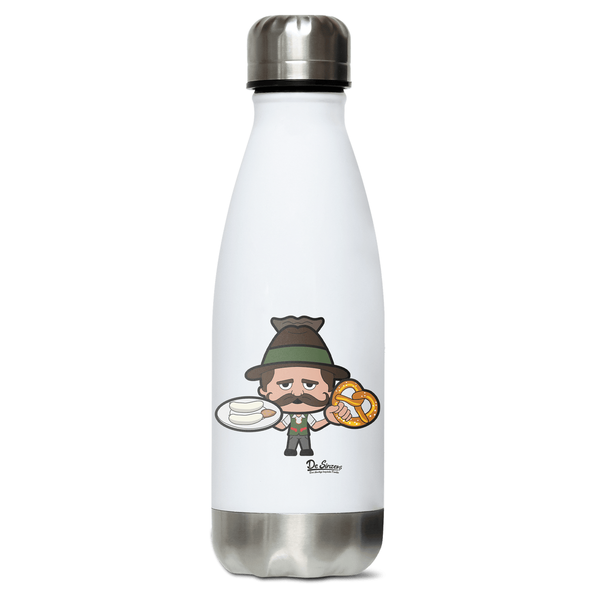 Da Sinzer Weisswurscht und Brezn Edelstahl Thermoflasche 350ml Weiss Silber Kreuzspitze Front