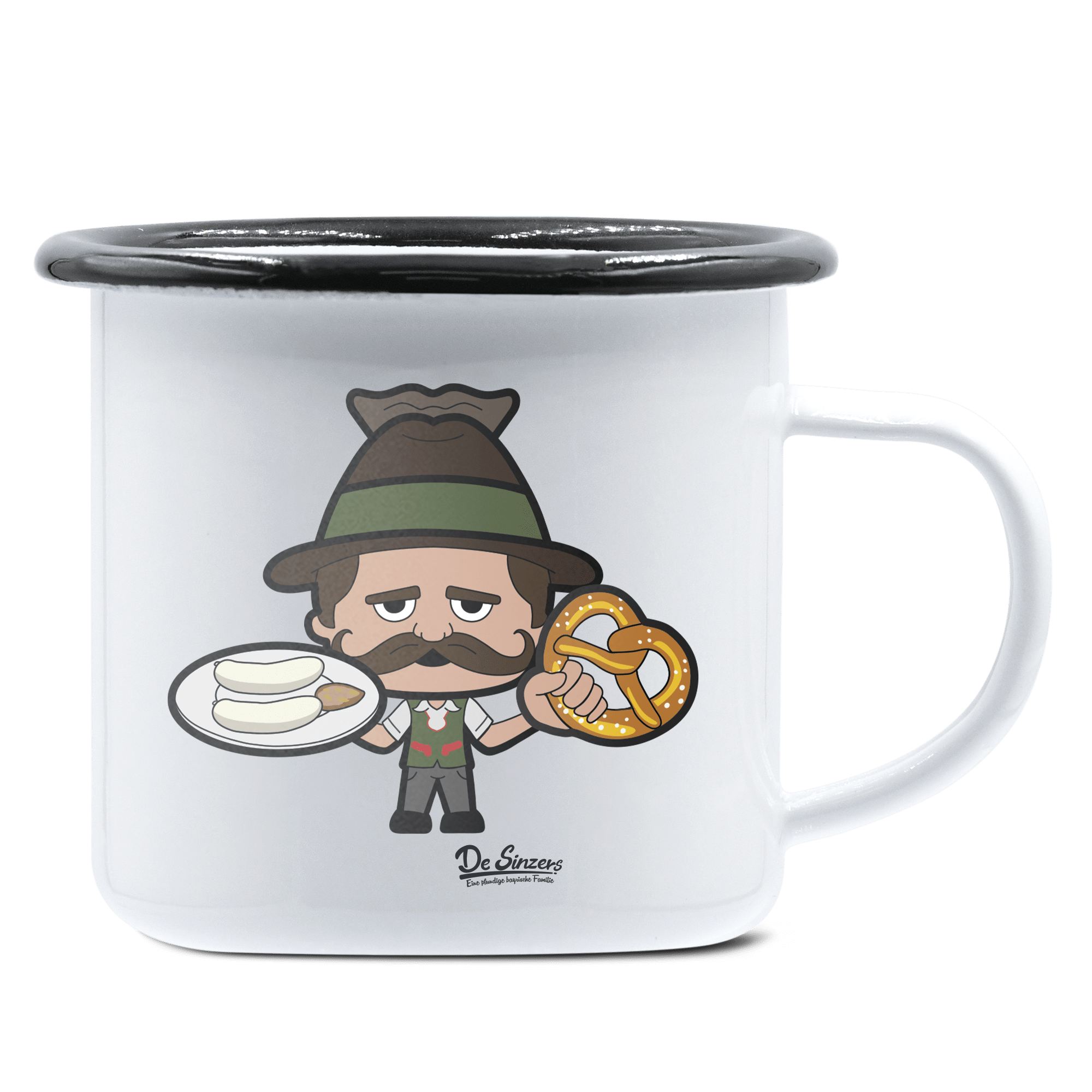 Da Sinzer Weißwurscht und Brezn Emaille Tasse 375ml Weiss Schwarz Hochries Front