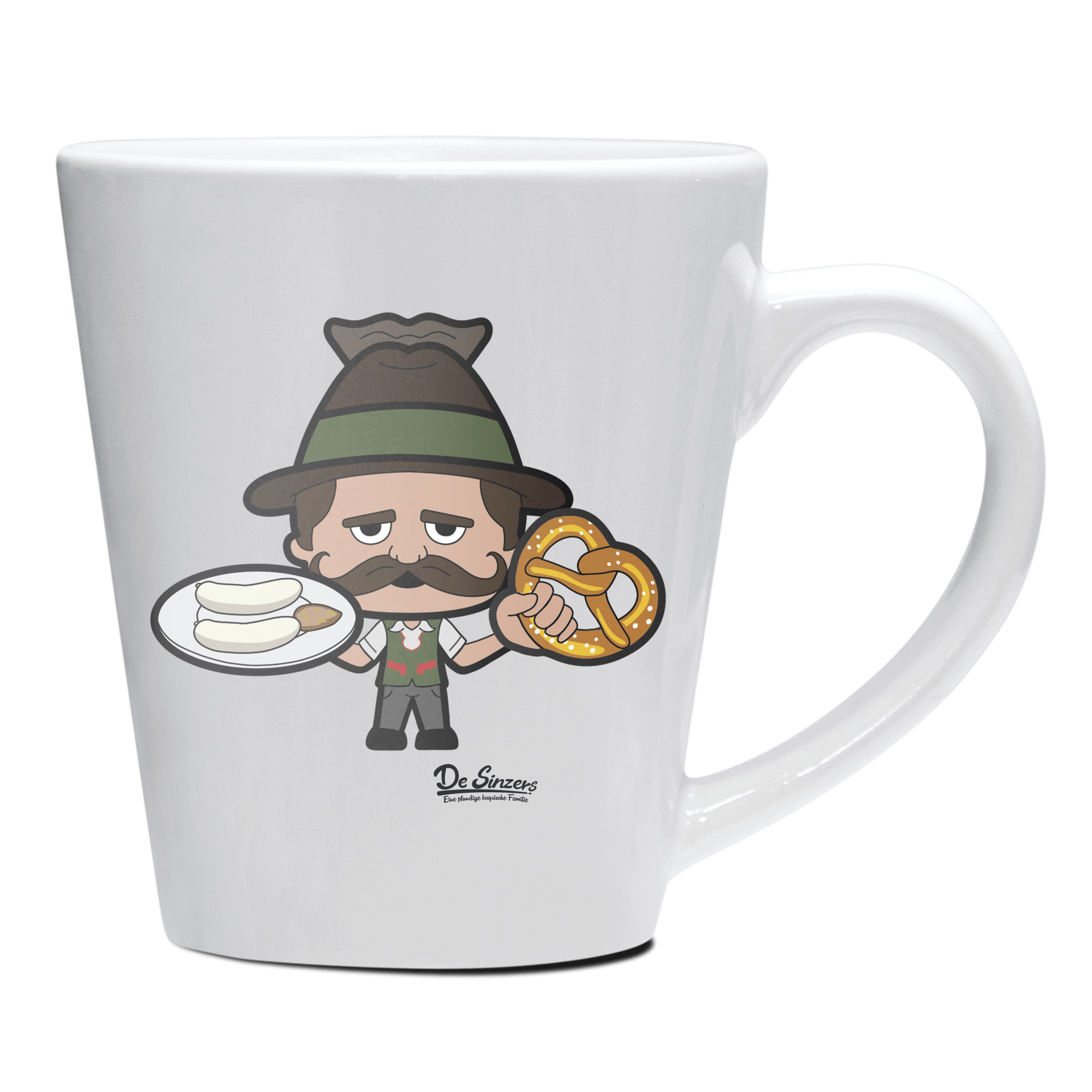 Da Sinzer Weisswurscht und Brezn Keramik Kaffeetasse 200ml Weiss Herzogstand Front