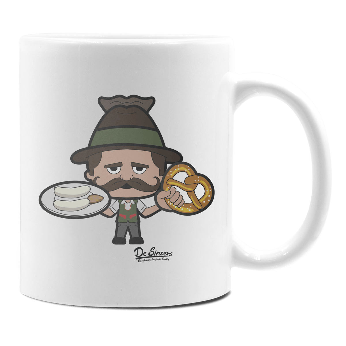 Da Sinzer Weißwurscht und Brezn Keramik Kaffeetasse 330ml Weiss Rampoldplatte Front