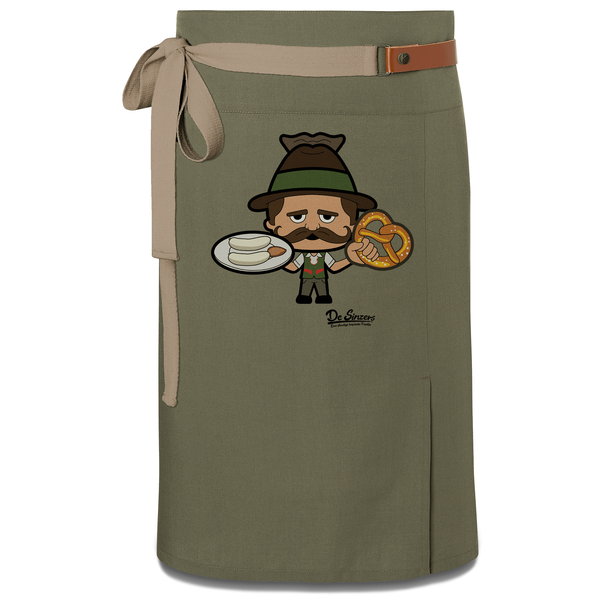 Da Sinzer Weisswurscht und Brezn Schuerze Vorbinder Gruen Langhausen Front