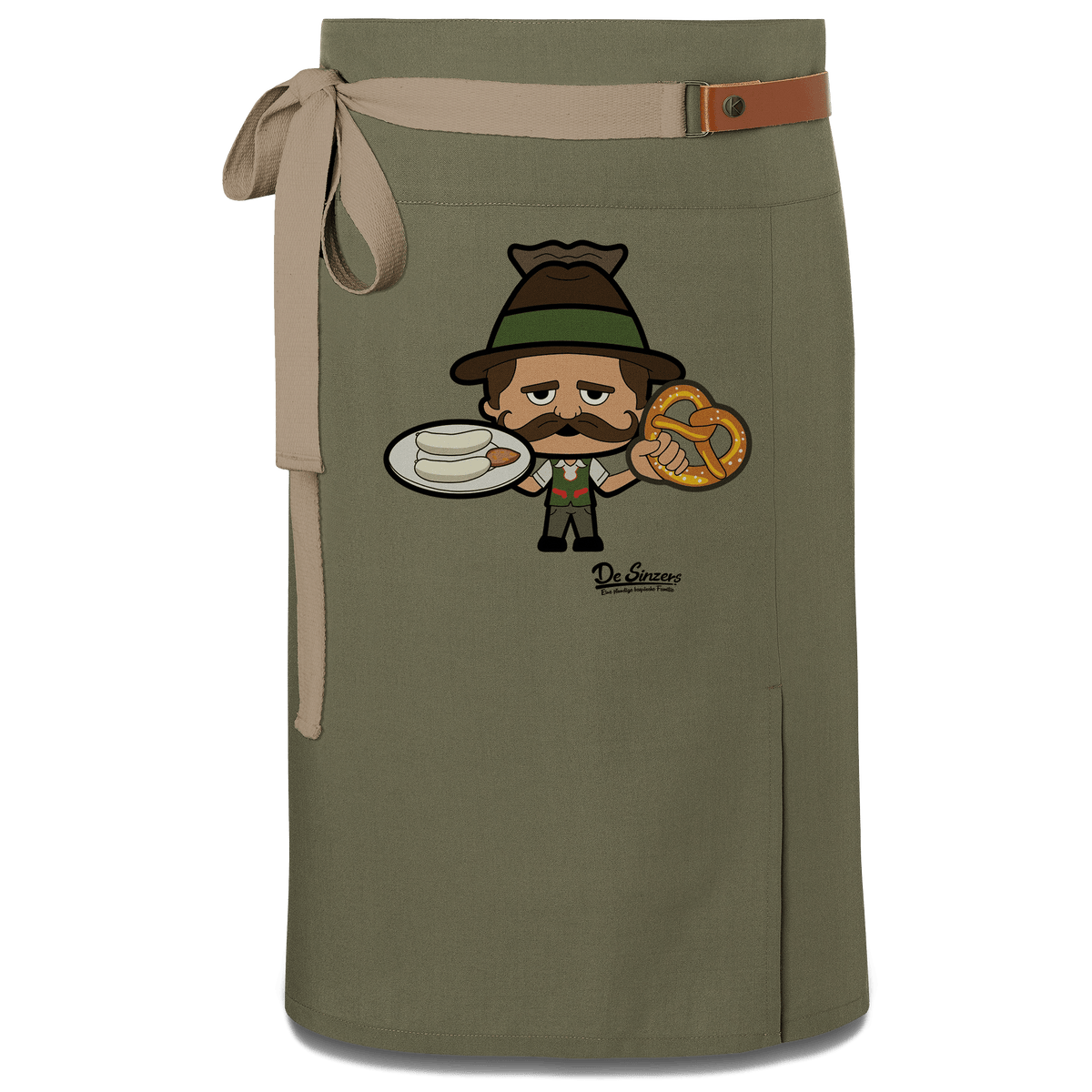 Da Sinzer Weisswurscht und Brezn Schuerze Vorbinder Gruen Langhausen Front