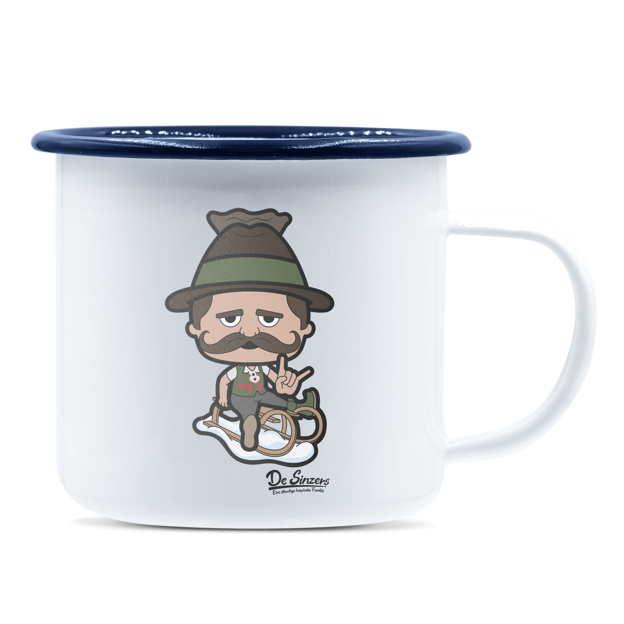 Da Sinzer Winter Edition Emaille Tasse 375ml Weiss Blau Heuberg Front