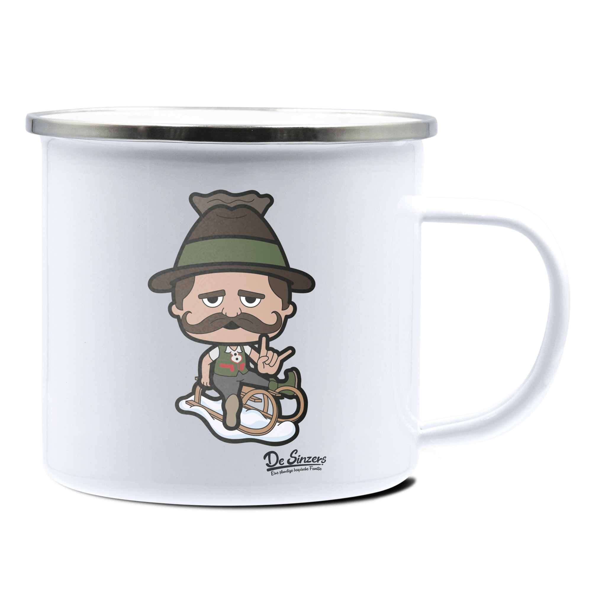 Da Sinzer Winter Edition Emaille Tasse 375ml Weiss Silber Kampenwand Front