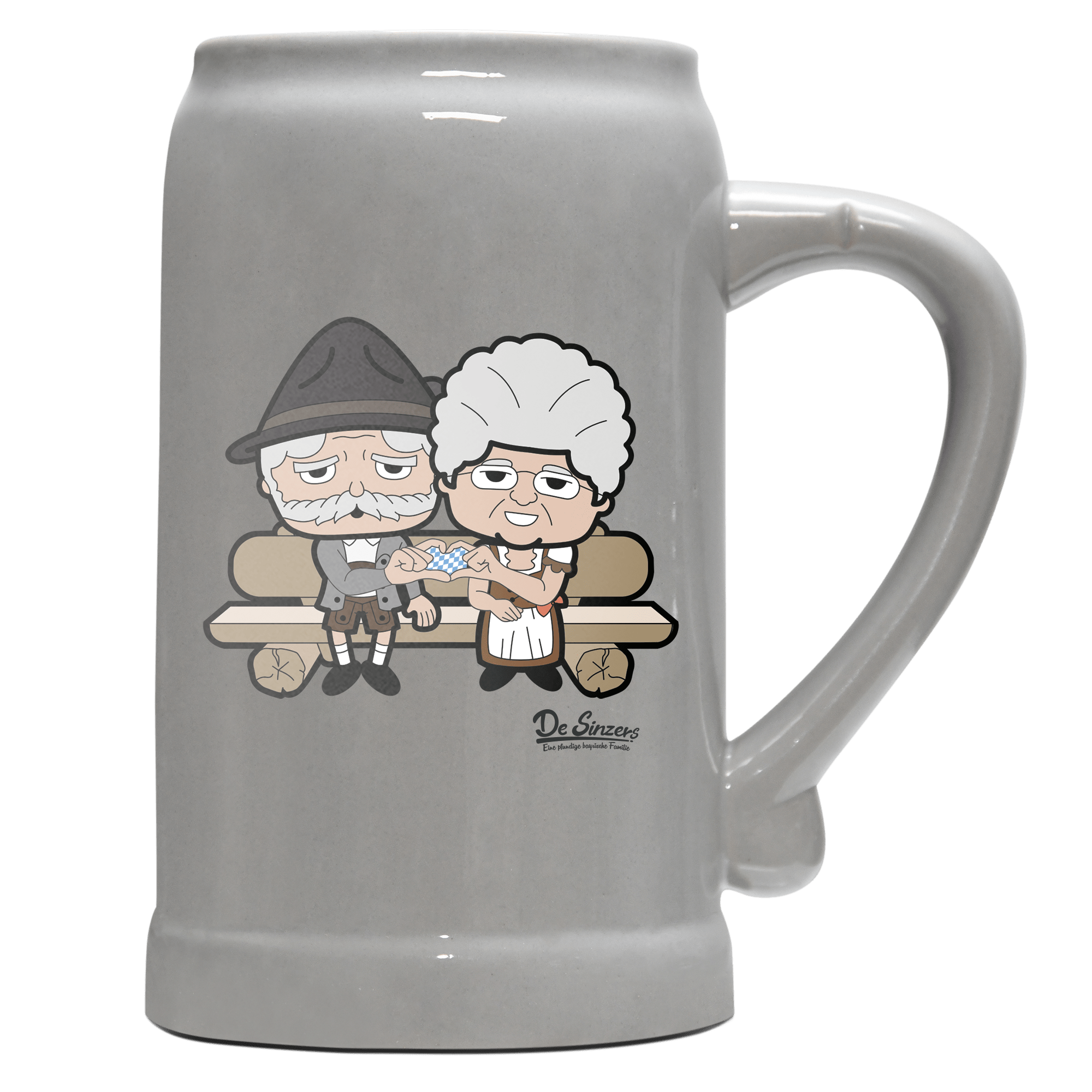 De Oid Sinzers Paar Gartenbank Bierkrug 1000ml Grau Zugspitze Front