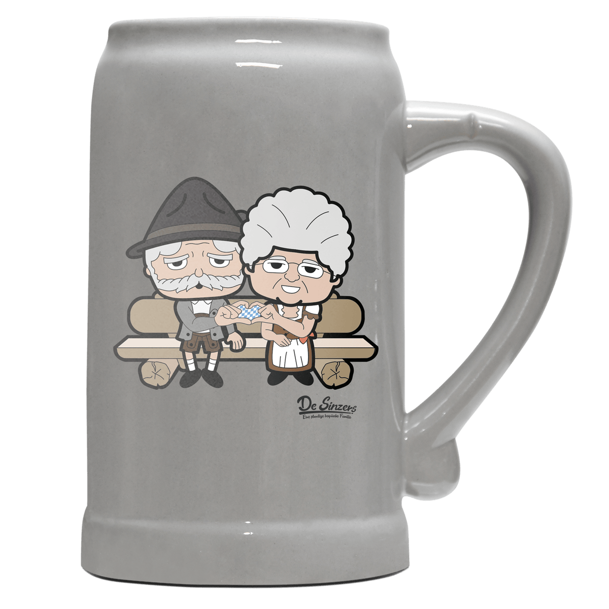 De Oid Sinzers Paar Gartenbank Bierkrug 1000ml Grau Zugspitze Front