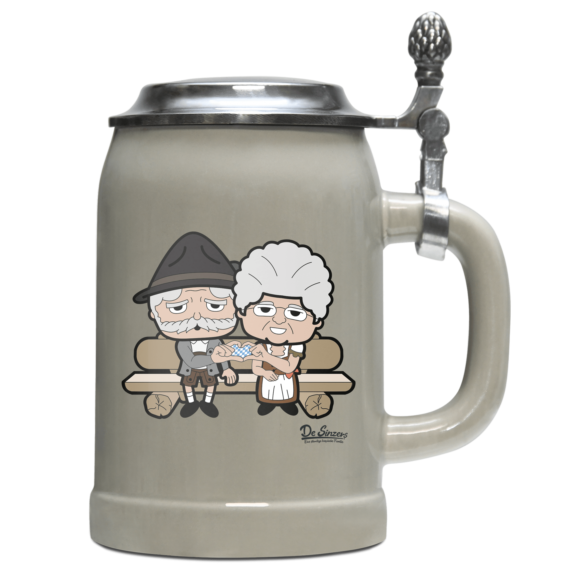 De Oid Sinzers Paar Gartenbank Bierkrug 500ml Grau mit Deckel Hocheck Front
