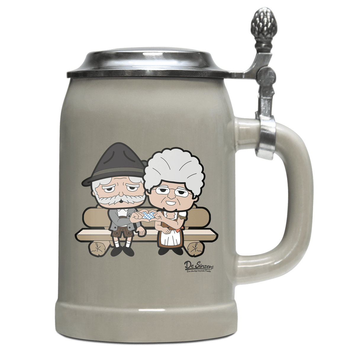 De Oid Sinzers Paar Gartenbank Bierkrug 500ml Grau mit Deckel Hocheck Front