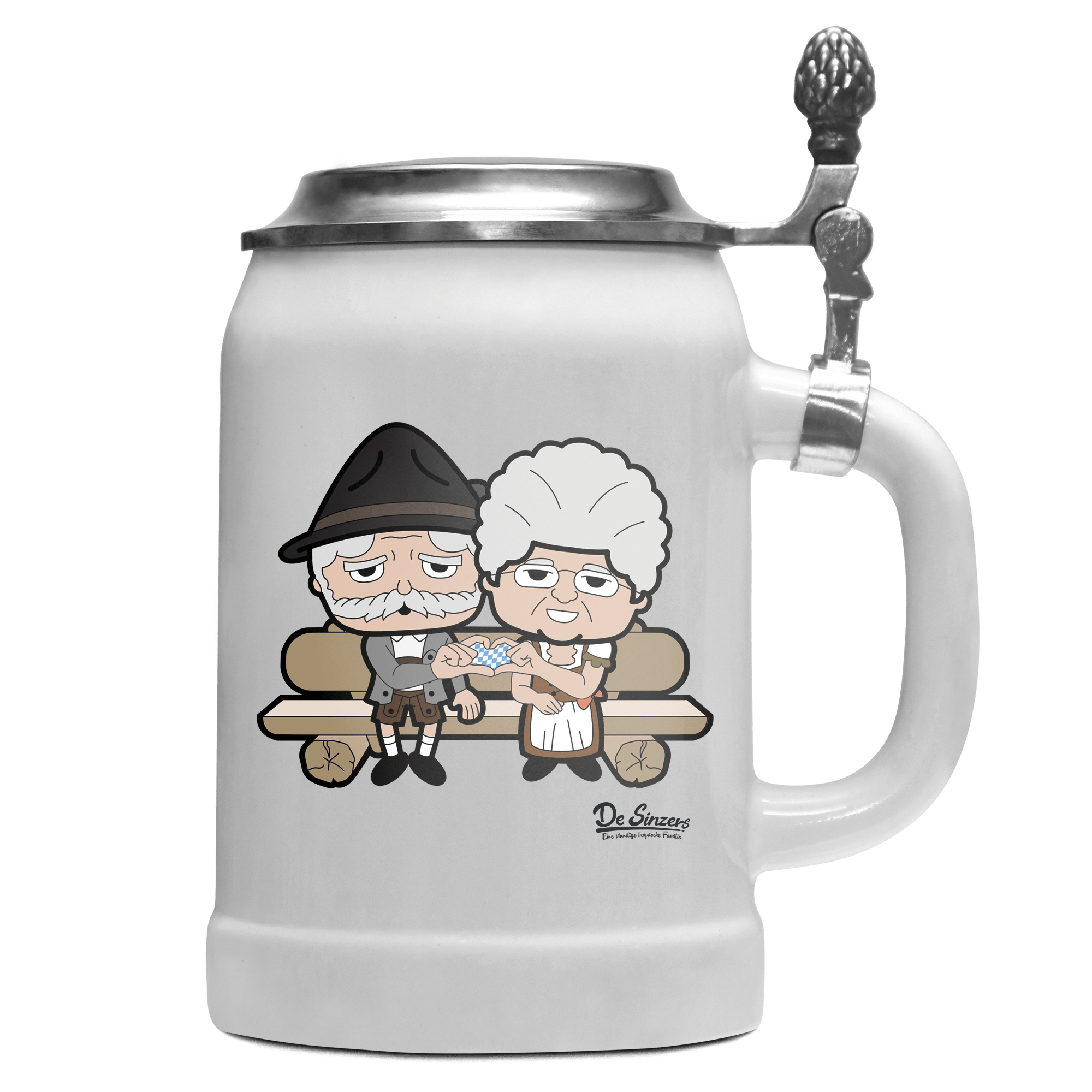De Oid Sinzers Paar Gartenbank Bierkrug 500ml Weiss mit Deckel Wetterspitzen Front