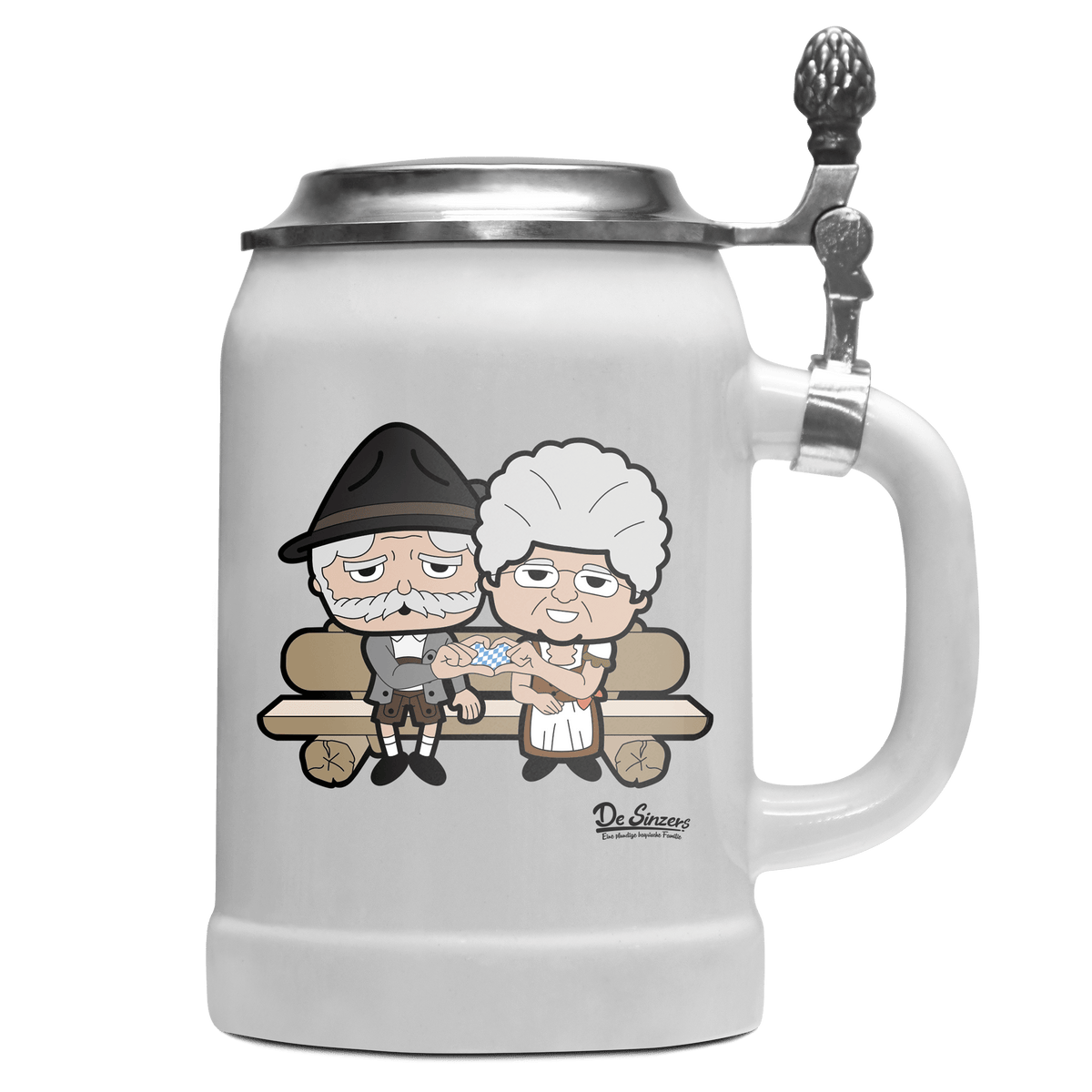 De Oid Sinzers Paar Gartenbank Bierkrug 500ml Weiss mit Deckel Wetterspitzen Front