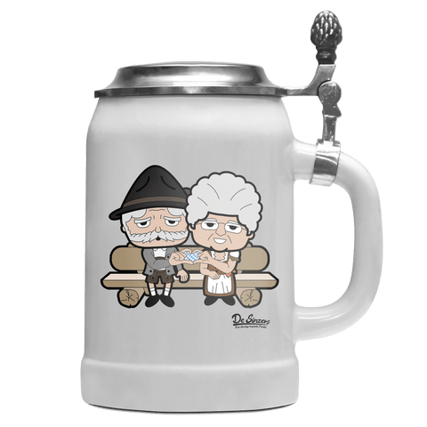 De Oid Sinzers Paar Gartenbank Bierkrug 500ml Weiss mit Deckel Wetterspitzen Front