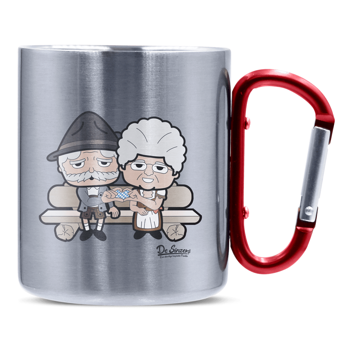De Oid Sinzers Paar Gartenbank Edelstahl Kaffeetasse roter Karabiner 320ml Kitzstein Front