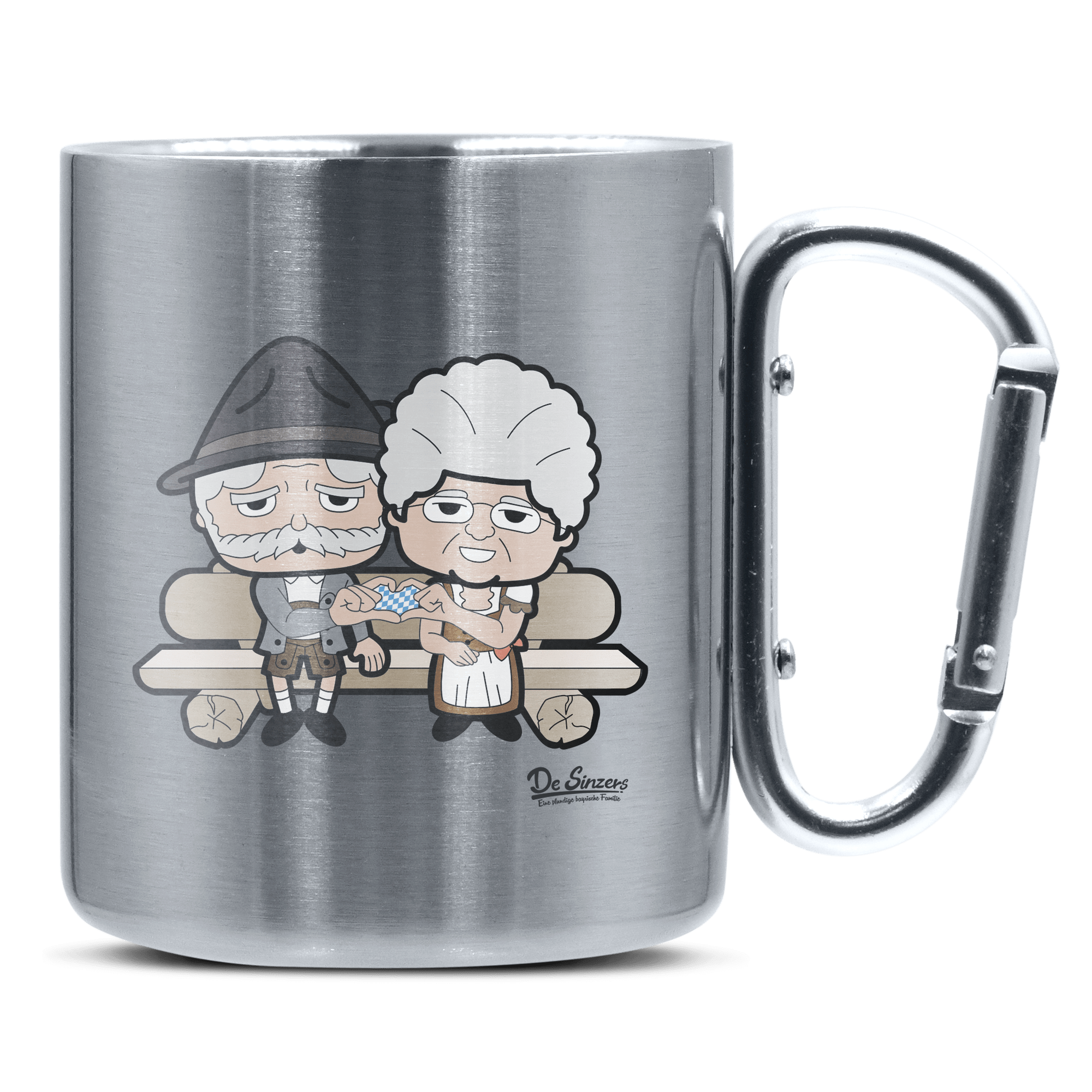 De Oid Sinzers Paar Gartenbank Edelstahl Kaffeetasse silberer Karabiner 320ml Grosser Traithen Front