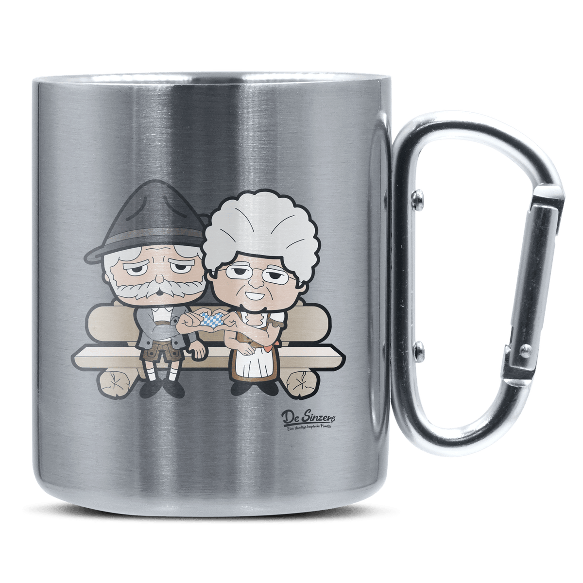 De Oid Sinzers Paar Gartenbank Edelstahl Kaffeetasse silberer Karabiner 320ml Grosser Traithen Front