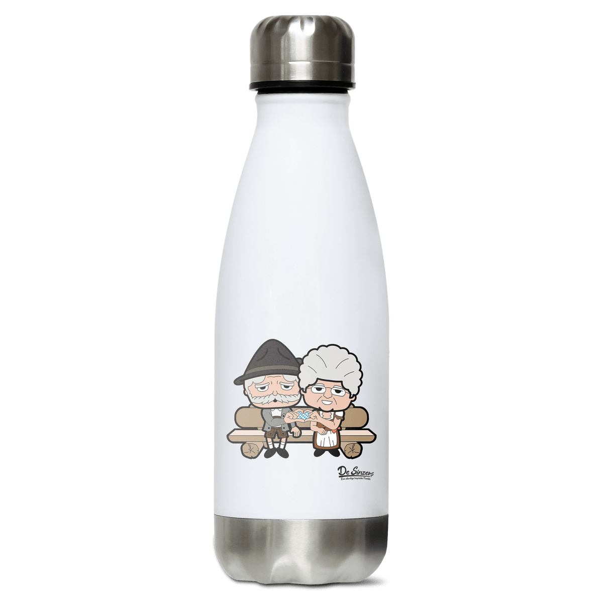 De Oid Sinzers Paar Gartenbank Edelstahl Thermoflasche 350ml Weiss Silber Kreuzspitze Front