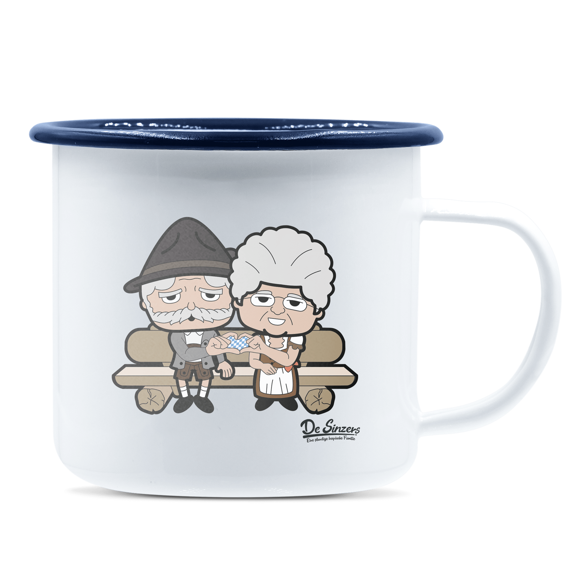 De Oid Sinzers Paar Gartenbank Emaille Tasse 375ml Weiss Blau Heuberg Front