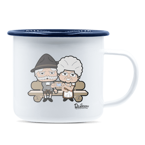 De Oid Sinzers Paar Gartenbank Emaille Tasse 375ml Weiss Blau Heuberg Front