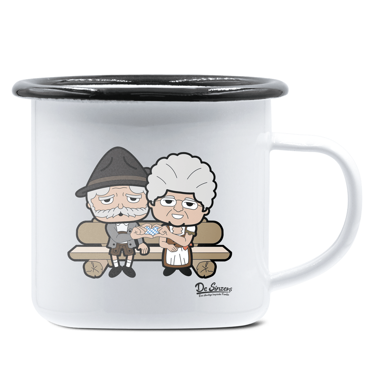 De Oid Sinzers Paar Gartenbank Emaille Tasse 375ml Weiss Schwarz Hochries Front