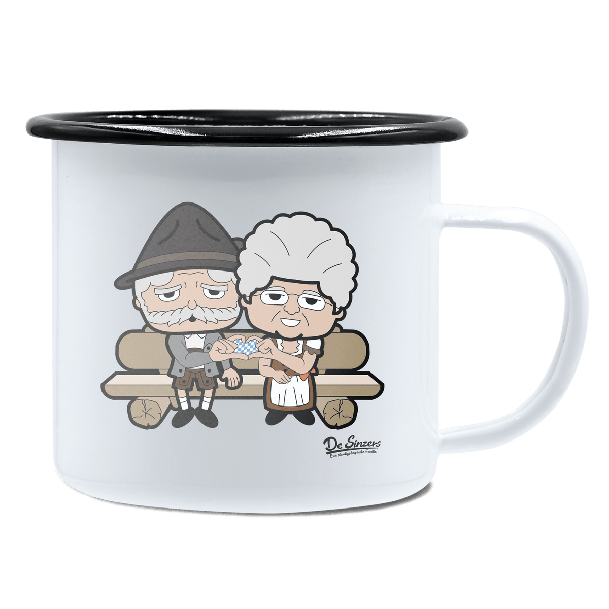 De Oid Sinzers Paar Gartenbank Emaille Tasse 450ml Weiss Schwarz Spitzstein Front