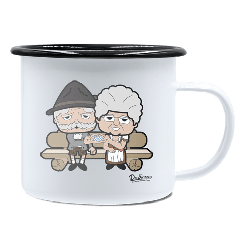 De Oid Sinzers Paar Gartenbank Emaille Tasse 450ml Weiss Schwarz Spitzstein Front