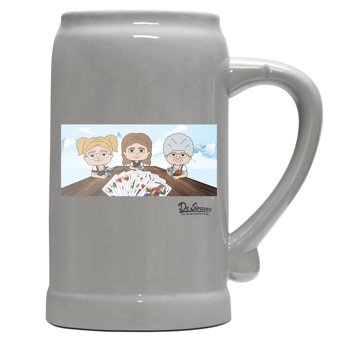 De Sinzers Buam Schafkopfspiel Bierkrug 1000ml Grau Zugspitze Front