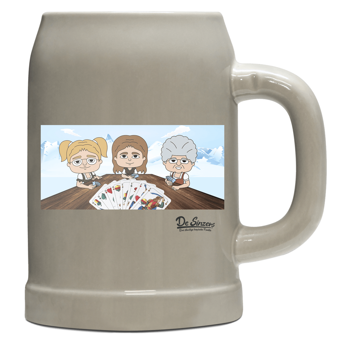De Sinzers Buam Schafkopfspiel Bierkrug 500ml Grau Watzmann Front