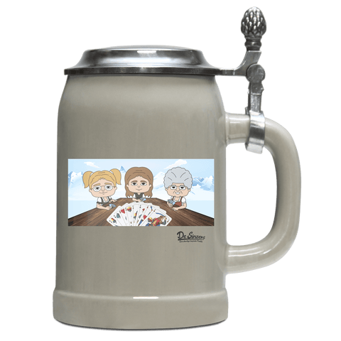 De Sinzers Buam Schafkopfspiel Bierkrug 500ml Grau mit Deckel Hocheck Front