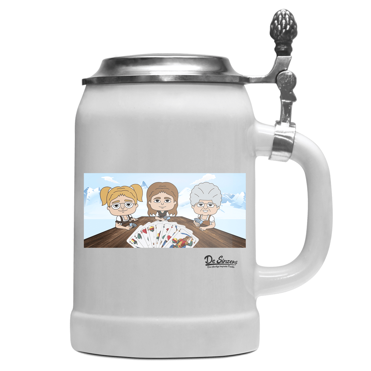 De Sinzers Buam Schafkopfspiel Bierkrug 500ml Weiss mit Deckel Wetterspitzen Front