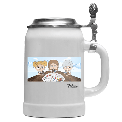 De Sinzers Buam Schafkopfspiel Bierkrug 500ml Weiss mit Deckel Wetterspitzen Front
