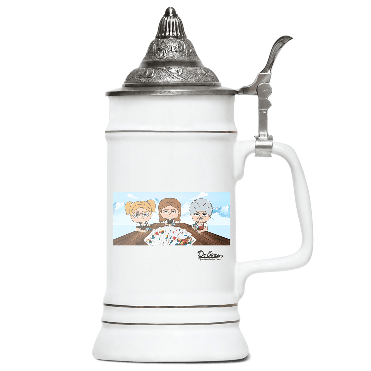 De Sinzers Buam Schafkopfspiel Bierkrug 500ml Weiss mit Spitzdeckel Wendelstein Front