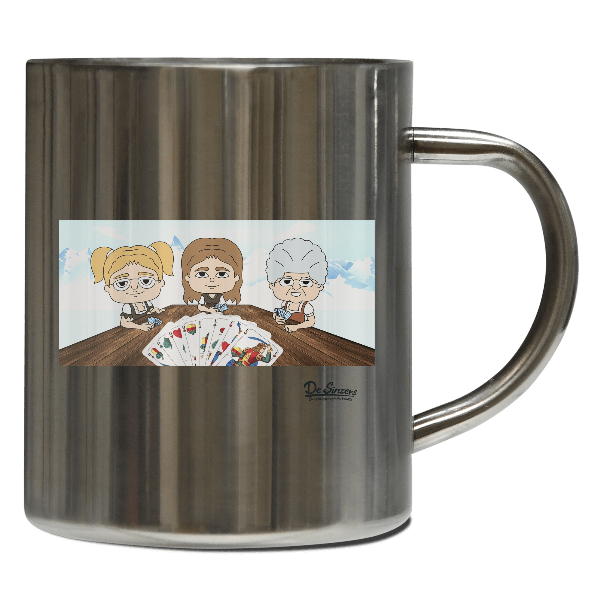 De Sinzers Buam Schafkopfspiel Edelstahl Kaffeetasse 400ml Grosser Arber Front