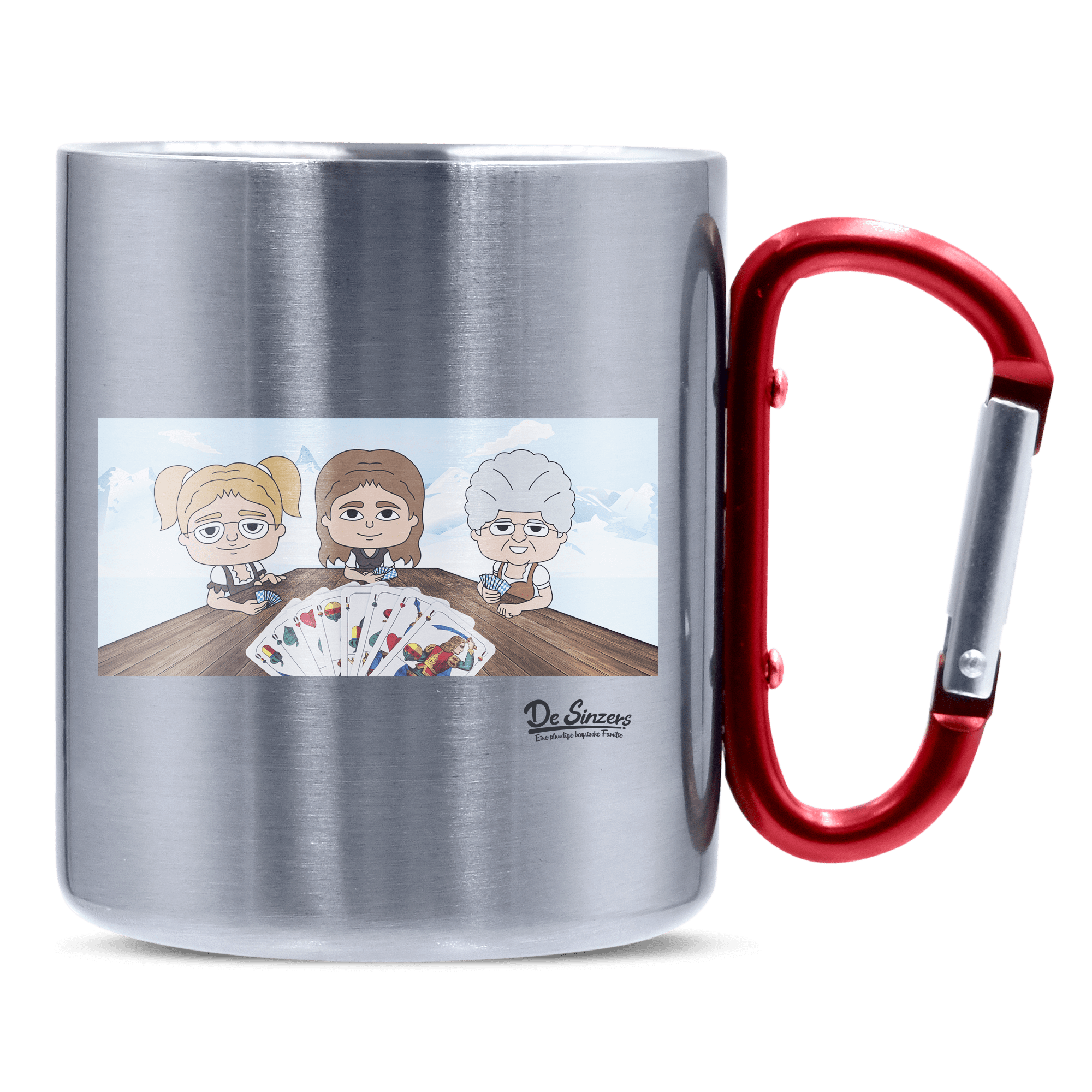 De Sinzers Buam Schafkopfspiel Edelstahl Kaffeetasse roter Karabiner 320ml Kitzstein Front