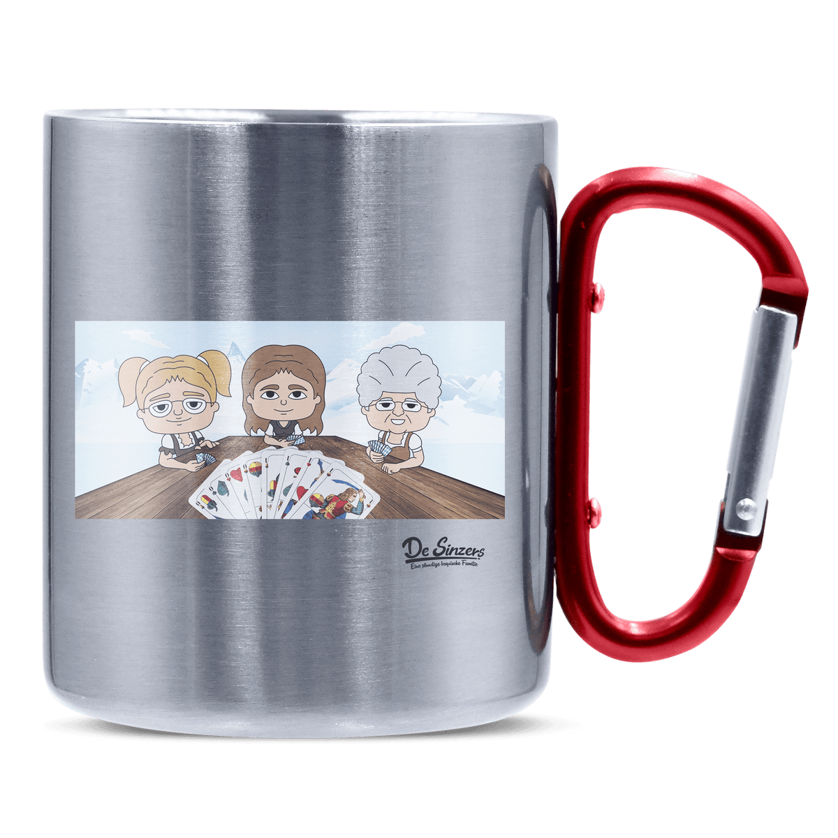 De Sinzers Buam Schafkopfspiel Edelstahl Kaffeetasse roter Karabiner 320ml Kitzstein Front