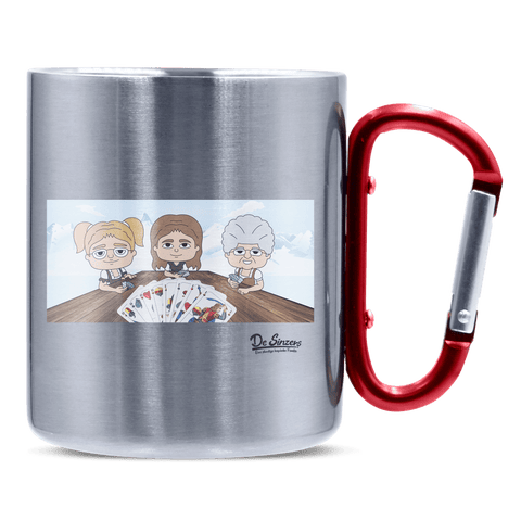 De Sinzers Buam Schafkopfspiel Edelstahl Kaffeetasse roter Karabiner 320ml Kitzstein Front