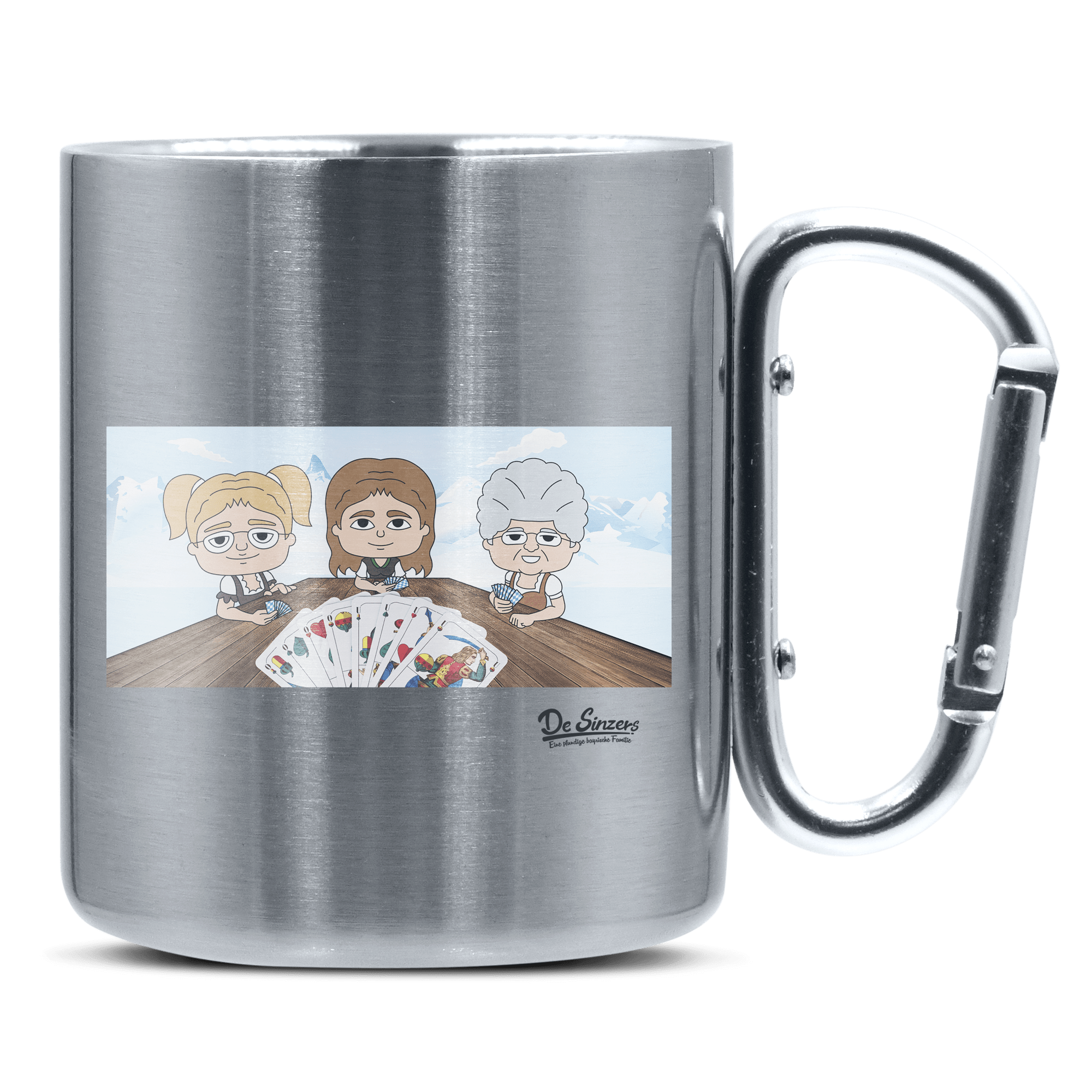 De Sinzers Buam Schafkopfspiel Edelstahl Kaffeetasse silberer Karabiner 320ml Grosser Traithen Front