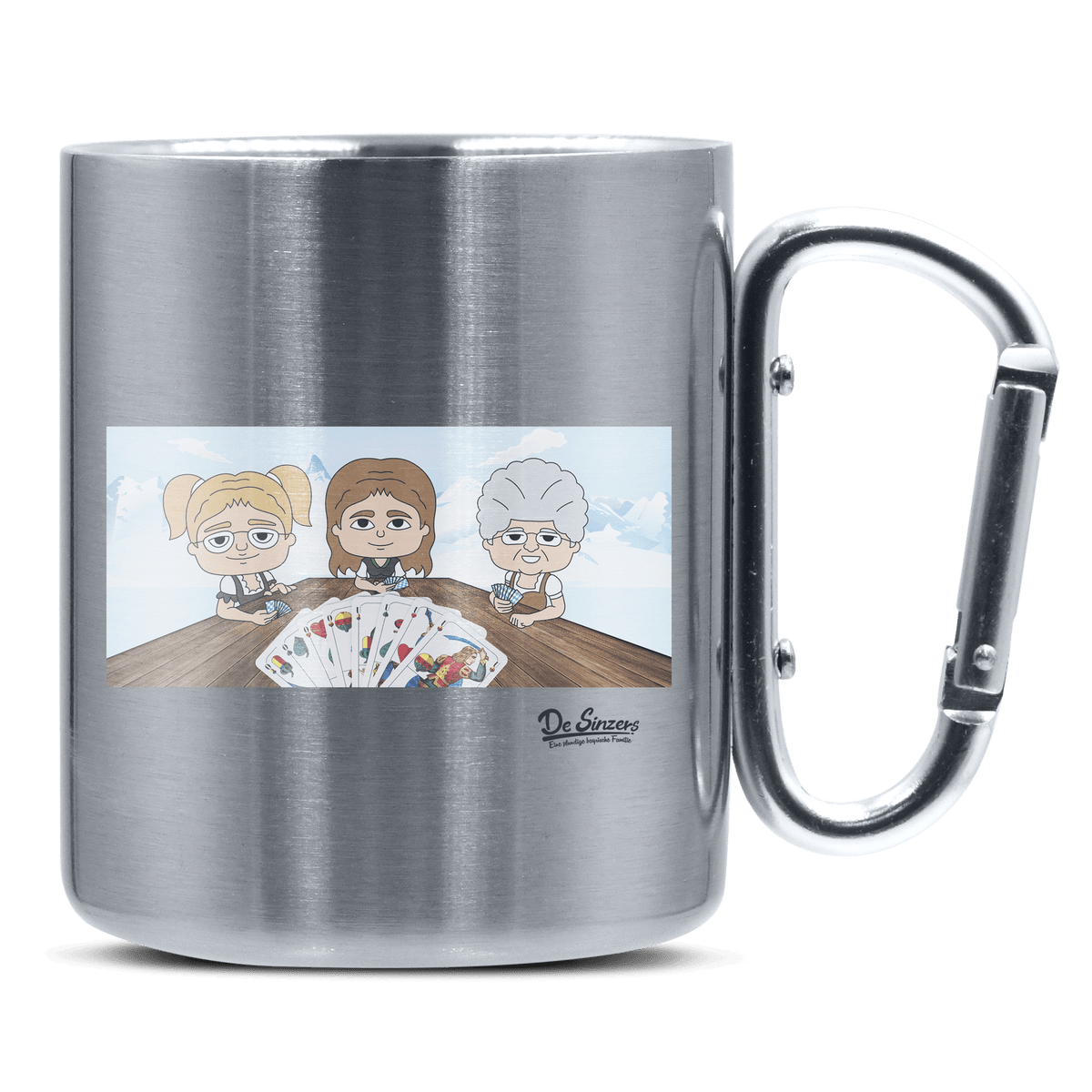 De Sinzers Buam Schafkopfspiel Edelstahl Kaffeetasse silberer Karabiner 320ml Grosser Traithen Front