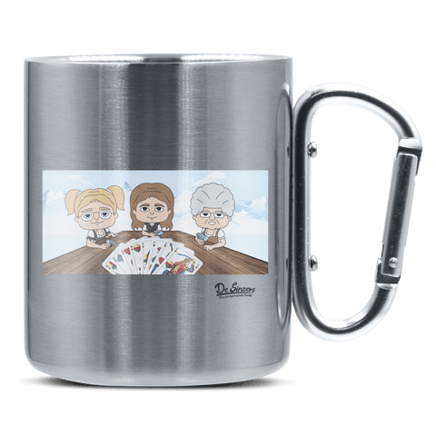De Sinzers Buam Schafkopfspiel Edelstahl Kaffeetasse silberer Karabiner 320ml Grosser Traithen Front