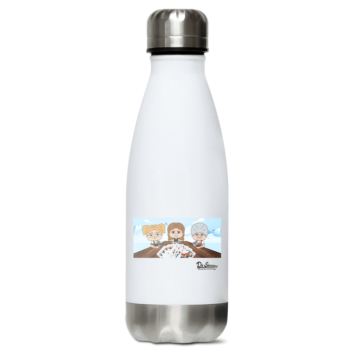 De Sinzers Buam Schafkopfspiel Edelstahl Thermoflasche 350ml Weiss Silber Kreuzspitze Front