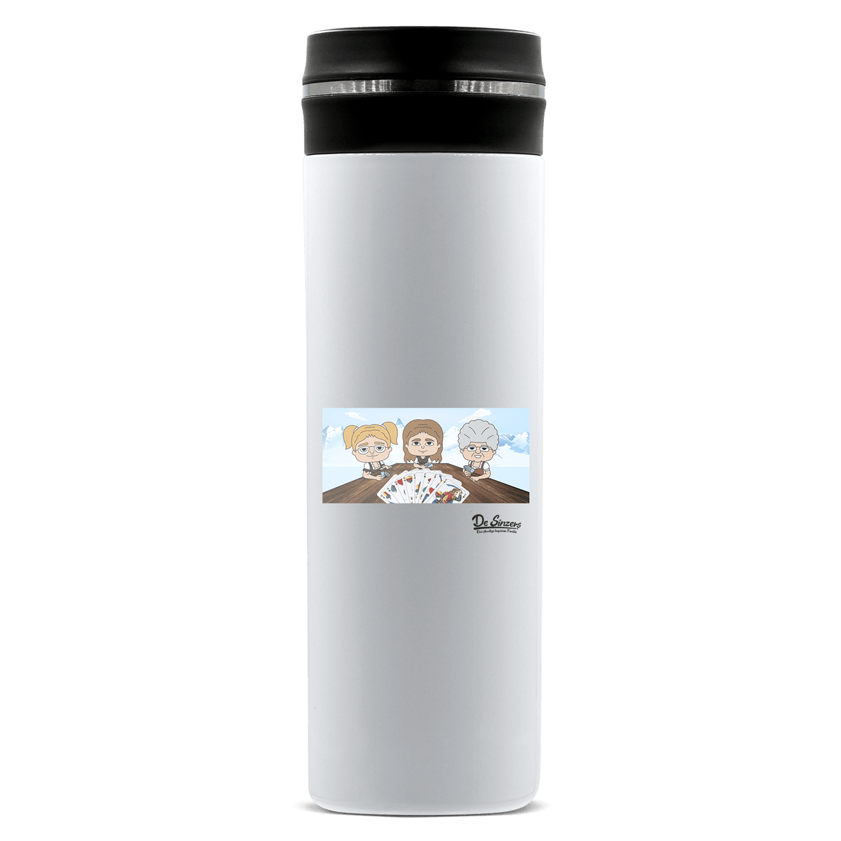 De Sinzers Buam Schafkopfspiel Edelstahl Thermoflasche 450ml Weiss Geigelstein Front