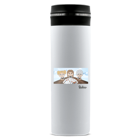 De Sinzers Buam Schafkopfspiel Edelstahl Thermoflasche 450ml Weiss Geigelstein Front